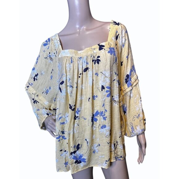 Zac & Rachel Yellow Floral Square Neck Long Sleeve Ruffle 1X Blouse Comfortable - Picture 1 of 10